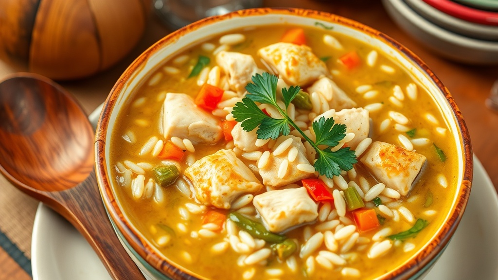 Comforting Chicken and Rice Soup Recipe A cozy bowl of Chicken and Rice Soup with chicken, rice, and vegetables, garnished with parsley, on a wooden table.